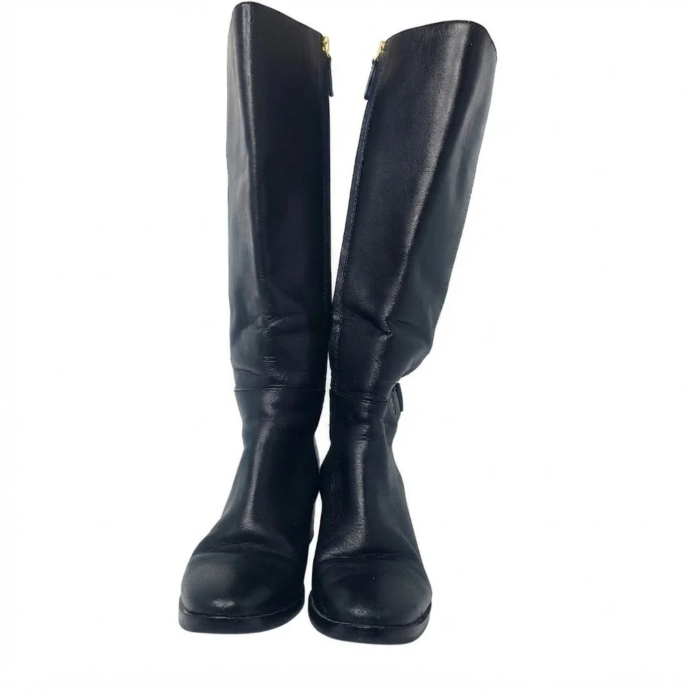 Tory Burch Black Leather Riding Boots Gold Buckle Tall Chic Equestrian 7.5 M